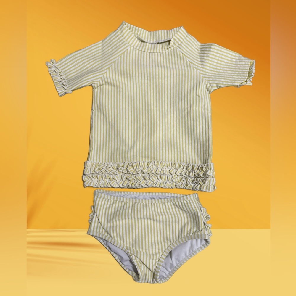 Ruffle Butts Yellow and White Striped Kids Rashguard Set